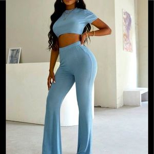Rib- Knit crop tee with pants (size small)